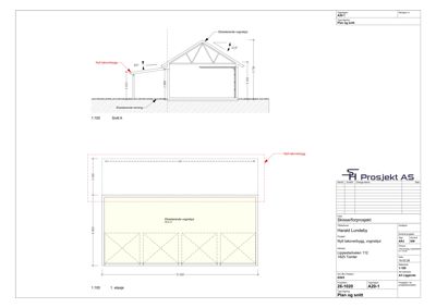 Etasjeplan (1. etasje) og snitt (Snitt A) for en bygning med angitte mål og konstruksjonsdetaljer.