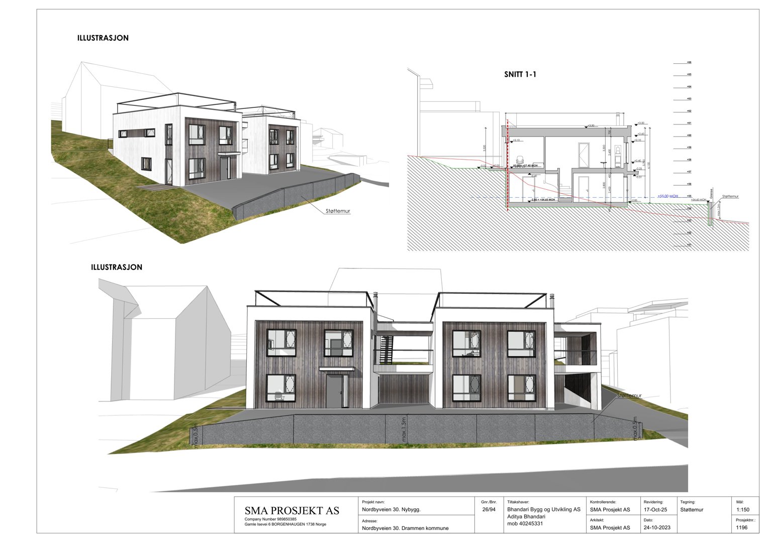 Bildet viser en illustrasjon (rendering) av et hus sett fra front, samt et snitt (snitt 1-1) som viser bygningens tverrsnitt og høyder.