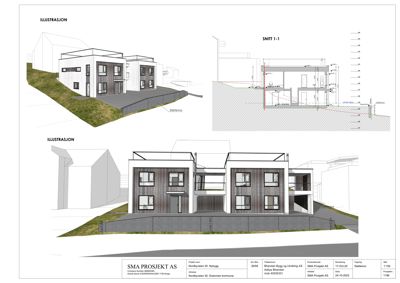 Bildet viser en illustrasjon (rendering) av et hus sett fra front, samt et snitt (snitt 1-1) som viser bygningens tverrsnitt og høyder.