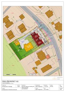 Situasjonsplan som viser tomtens beliggenhet, nabolag, veier, høyder og planlagt byggefelt.