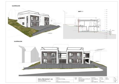 Fasadetegning med illustrasjoner og snitt som viser bygningens utseende og konstruksjon.