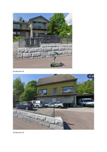 Fotografier av to eksisterende boliger (Nordbyveien 40 og 42) med omgivelser.