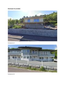 Fotografier av to eksisterende hus i området (Nordbyveien 22 og 36) som eksempler på arkitektur og landskap.