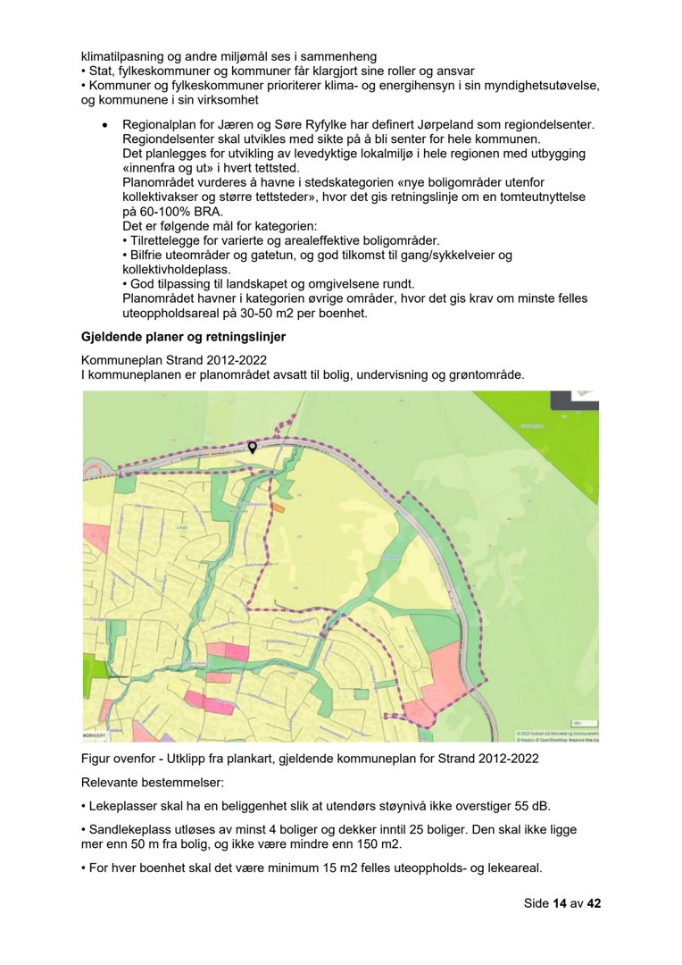 Et utklipp fra plankart som viser arealbruksplanlegging for Strand kommune, inkludert fargekodet arealbruk og en markert tomt.