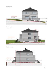 Bildet viser tre fasadetegninger (sørvest, sørøst, nordvest) av en bolig med terrengforhold og høydemål.