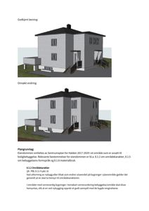 3D-visualisering av en boligbygning, vist i to varianter (godkjent løsning og omsøkt endring).