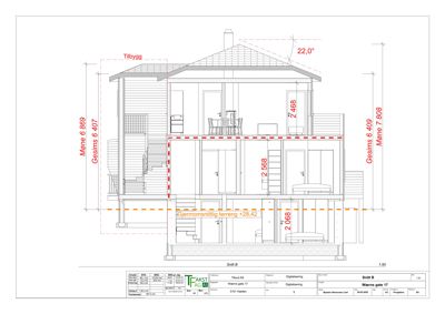 Snittegning av en bolig med høydeangivelser og romfordeling