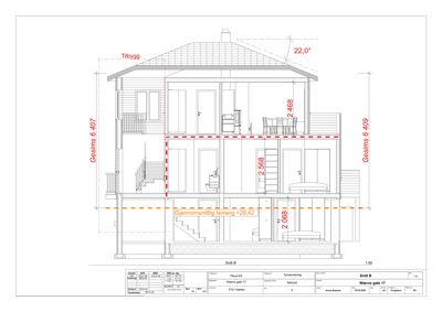 Snittegning av en bolig med mål og høydeangivelser