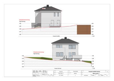 Tegning som viser fasadeoppsett og terrengforhold for en bygning sett fra flere vinkler.