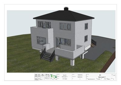 3D-visualisering av en planlagt bolig sett fra utsiden.
