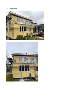 Fotografier av en gul hytte med utvendig stålrekkverk (scaffolding) under arbeid eller vedlikehold.