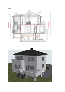 Bildet viser en snittegning (Snitt B) av en bolig med mål og etasjeoppdeling, samt en 3D-visualisering av bygningen nedenfor.