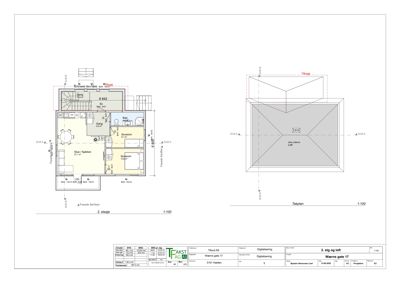 Bildet viser etasjeplaner (2. etasje og takplan) med romfordeling, dører, vinduer og mål for en bygning.