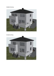 3D-visualisering av en bolig med to varianter: 'Godkjent løsning' og 'Omsøkt endring'.