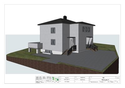 3D-visualisering av en planlagt bolig med omgivelser