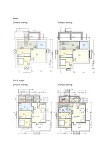 Bildet viser etasjeplaner for kjeller og 1. etasje, inkludert romfordeling og dimensjoner.