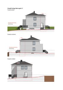 Bildet viser fasadetekninger av et hus sett fra tre ulike sider (sørøst, nordvest og nordøst).