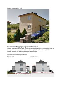 Bildet viser en Google Maps-foto av en eksisterende bygning, samt to fasadetegninger (sørøst og nordvest) for samme bygning.