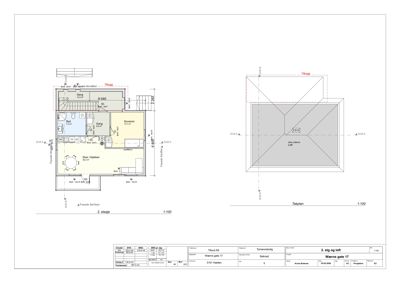Tegning av 2. etasje og loft med romfordeling, dører, vinduer og mål.