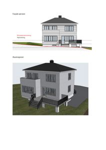 Bildet viser to tegninger av en bygning: en fasadetekning (sørvest) og en 3D-visualisering (illustrasjon).