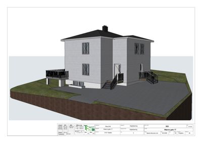 3D-visualisering av et planlagt hus med omgivende terreng og hage.