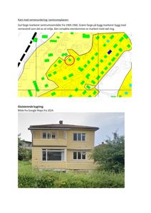 Bildet viser to deler: øverst et kart med verneverdier i sentrumsplanen, og nederst et flyfoto av en eksisterende bygning.