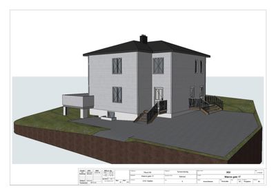3D-visualisering av en planlagt bolig med fasade, terreng og tilhørende utendørsområder.