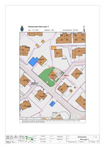 Situasjonsplan som viser tomt, naboeiendommer og bygningers plassering i forhold til hverandre.