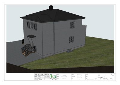 3D-visualisering av en planlagt bygning med omgivelser