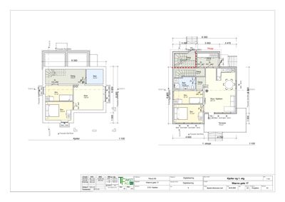 Etasjeplaner for kjeller og 1. etasje med romfordeling og mål.
