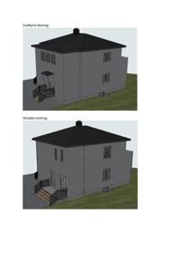 3D-visualisering av en toetasjes bygning med to varianter: 'Godkjent løsning' og 'Omsøkt endring'.