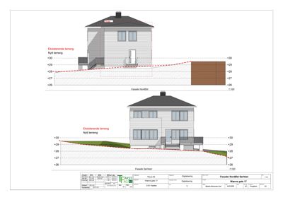 Fasadetegning som viser bygningens utseende sett fra NordØst og SørVest, inkludert terrengforhold.