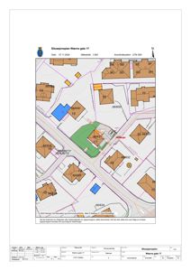 Situasjonsplan som viser tomtens beliggenhet i forhold til nabolag, eiendomsgrenser og bygninger.
