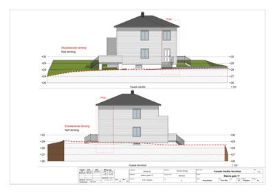 Fasadetegning som viser bygningens utseende sett fra to sider (SørØst og NordVest) med terrengforhold.