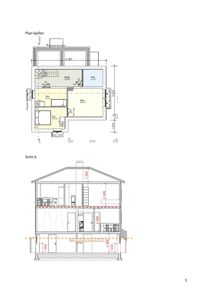 Bildet viser to tegninger: øverst 'Plan kjeller' (etasjeplan) og nederst 'Snitt A' (snittegning).