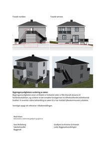Bildet viser tegninger av fasader (nordøst og sørvest) samt 3D-visualiseringer av en bolig.