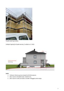 Bildet viser en fasadetegning av en bygning med tegningstekniske merkelapper som 'Eksisterende tømring' og 'Nytt tømring', samt en fotodokumentasjon av selve fasaden.