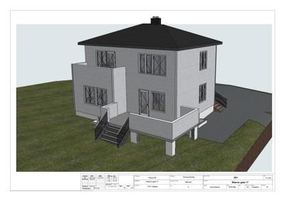 3D-visualisering av et planlagt hus sett fra utsiden.