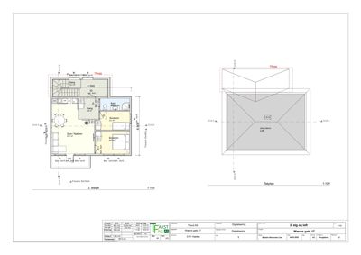 Bildet viser etasjeplaner (2. etasje og takplan) med romfordeling og mål.