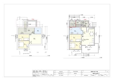 Etasjeplaner for kjeller og 1. etasje med romfordeling og mål.