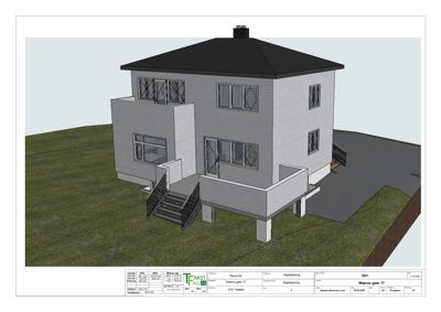 3D-visualisering av et planlagt hus sett fra en vinkel.