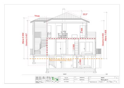 Snittegning av en bolig med mål og konstruksjonsdetaljer