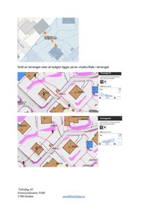 Bildet viser situasjonskart og terrengprofiler (snitt) som illustrerer bygningens plassering i forhold til terrenget og naboeiendommer.