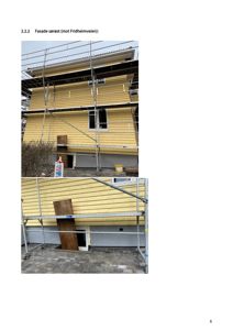 Fotografier av en gule fasade på en bygning, sett fra siden, med en stige oppstilt foran. Bildet viser eksisterende tilstand.