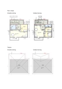 Bildet viser etasjeplaner (Plan 2. etasje) og takplaner for en bygning, inkludert romfordeling og dimensjoner.