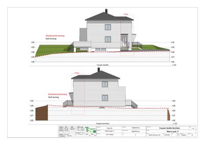 Fasadetegning som viser bygningens utseende sett fra to sider (SørØst og NordVest) med terrengforhold.
