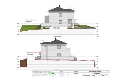 Fasadetegning som viser bygningens utseende sett fra to vinkler (SørØst og NordVest) med terrengforhold.