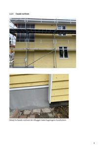 Fotografier av fasaden på en gule fasettbygning med stålkonstruksjon, inkludert en detalj av hvor en tilbygg møter hovedbygningen.