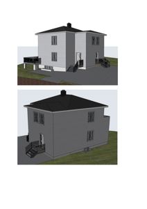 3D-visualisering av et hus sett fra to ulike vinkler.