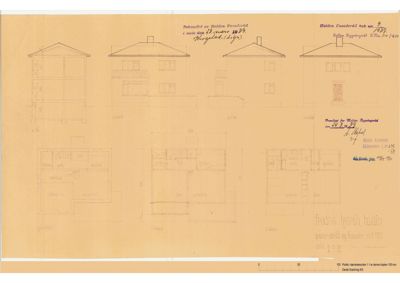 Bildet viser en tegning med fasadeoppriks (fra flere vinkler) og etasjeplaner for en bygning.